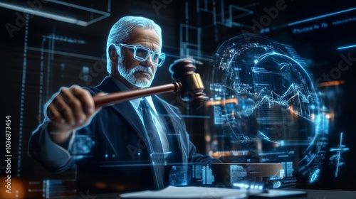 Judge with Hologram and Digital Elements in Courtroom