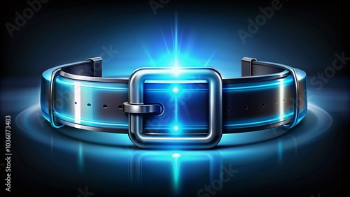 A sleek, metallic futuristic belt  with a radiant, pulsing buckle emitting a bright, electric blue glow against a dark, gradient background. photo