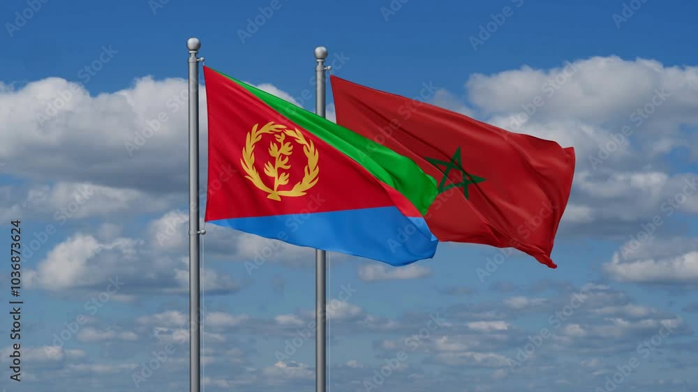 Morocco and Eritrea flags flying together, video concept of the relationship, two country relations concept Morocco and Eritrea flags flying together, video concept of the relationship, two country relations concept