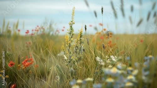 A detailed view of a prairie landscape, capturing the texture of grasses and wildflowers in bloom. photo