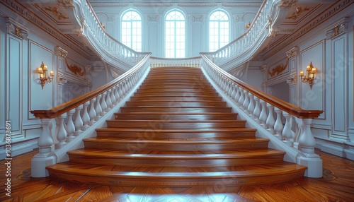 Elegant Wooden Staircase in a Grand Hallway with Ornate Railing