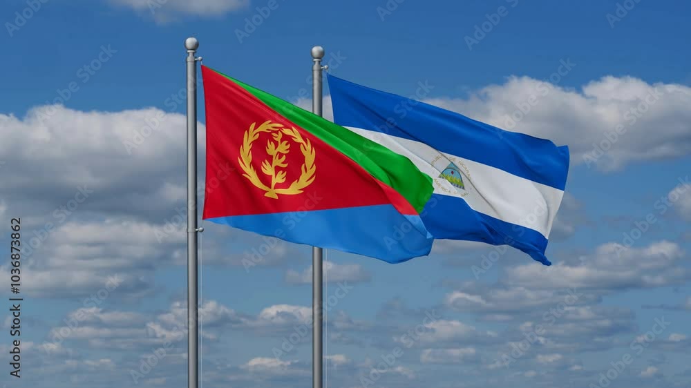 Nicaragua and Eritrea flags flying together, video concept of the relationship, two country relations concept Nicaragua and Eritrea flags flying together, video concept of the relationship, two country relations concept