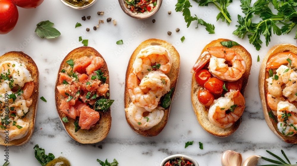 Fresh Bruschetta Flat Lay With Variations of Toppings Fresh Bruschetta Flat Lay With Variations of Toppings