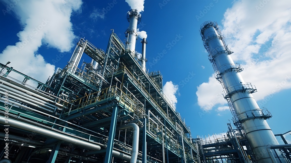 A sunset over a large industrial complex with many tall buildings. The sky is filled with clouds and the sun is setting