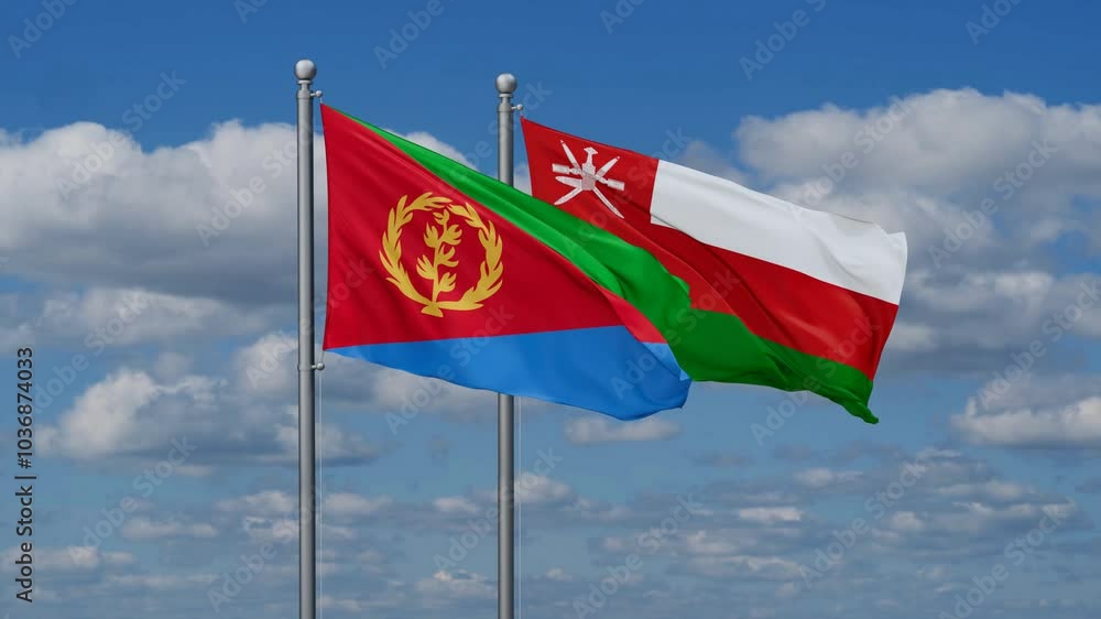 Oman and Eritrea flags flying together, video concept of the relationship, two country cooperation concept Oman and Eritrea flags flying together, video concept of the relationship, two country cooperation concept