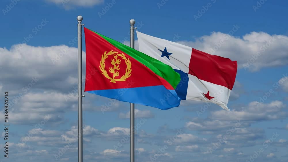 Panama and Eritrea flags flying together, video concept of the relationship, two country relations concept Panama and Eritrea flags flying together, video concept of the relationship, two country relations concept