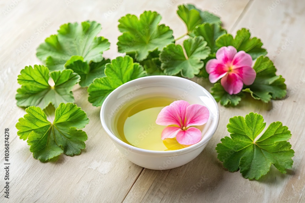 a small white bowl with cleansing aroma oil and geranium leaves, perfect for natural hair care and DIY beauty treatments. a small white bowl with cleansing aroma oil and geranium leaves, perfect for natural hair care and DIY beauty treatments.