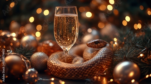 festive wooden snake figurine, wooden snake figurine wrapped around champagne glass with lights and new years decor, captured in close-up shot photo