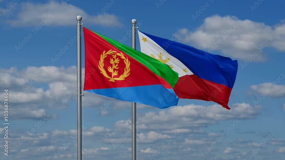 Philippines and Eritrea flags flying together, video concept of the relationship, two country cooperation concept Philippines and Eritrea flags flying together, video concept of the relationship, two country cooperation concept