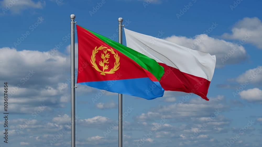 Poland and Eritrea flags flying together, video concept of the relationship, two country cooperation concept Poland and Eritrea flags flying together, video concept of the relationship, two country cooperation concept