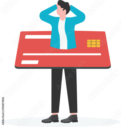The upset businessman is standing and shackled in fetters in the form of a credit card. Concept of squander and credit slavery.

