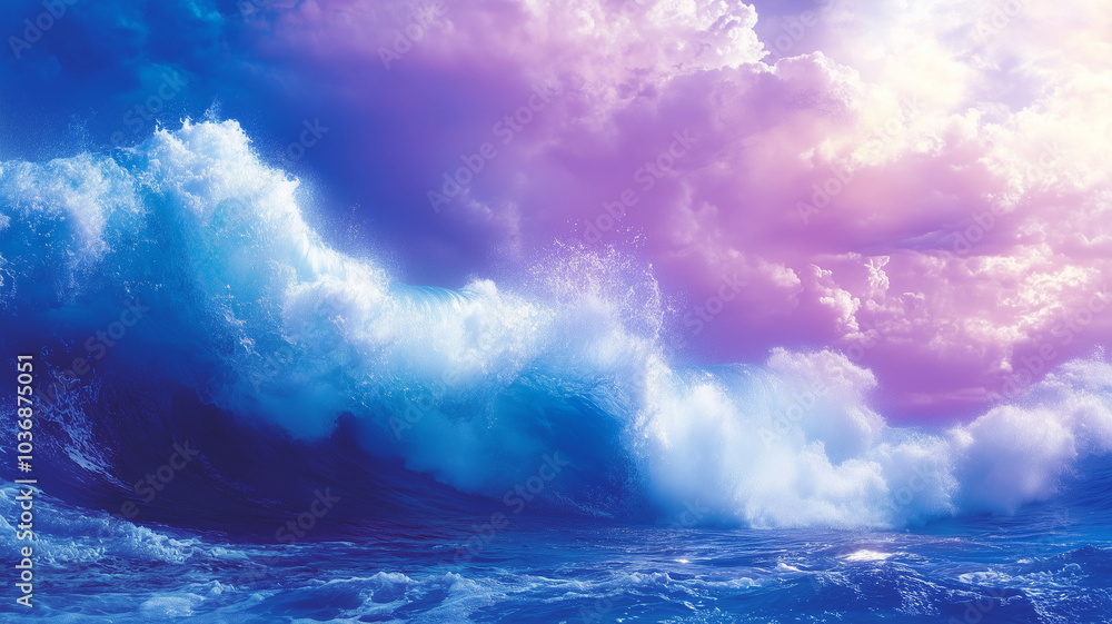 Obraz premium Majestic ocean waves crash against shore, creating stunning display of blue and purple hues under vibrant sky. scene evokes sense of tranquility and awe