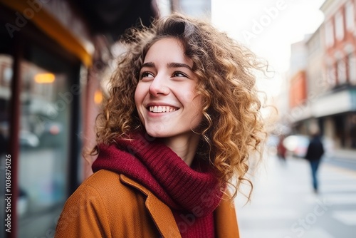 Portrait of a beautiful young woman with curly hair in the city