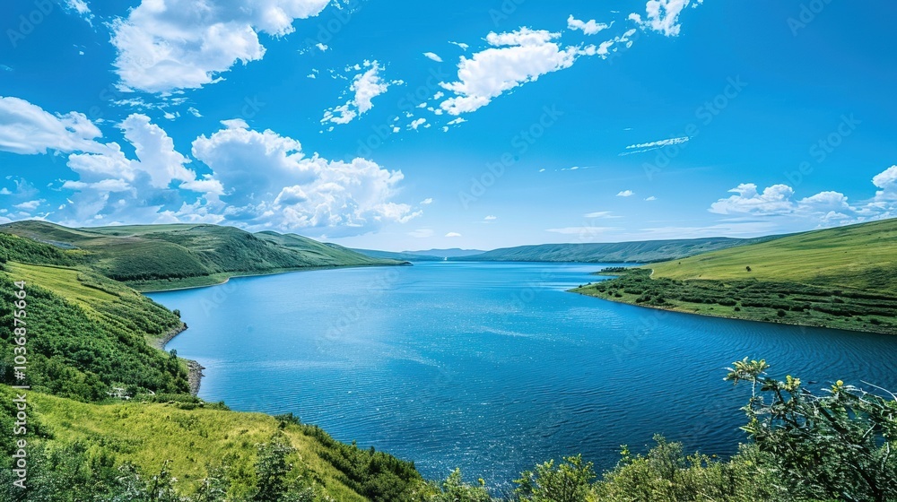 Serene landscape of lake surrounded by rolling green hills, tranquil atmosphere Serene landscape of lake surrounded by rolling green hills, tranquil atmosphere