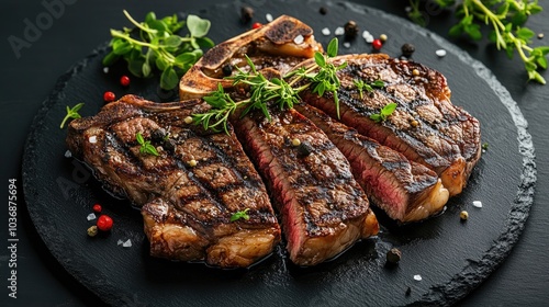 Sliced Bone Steak with Fresh Herbs on Black Plate