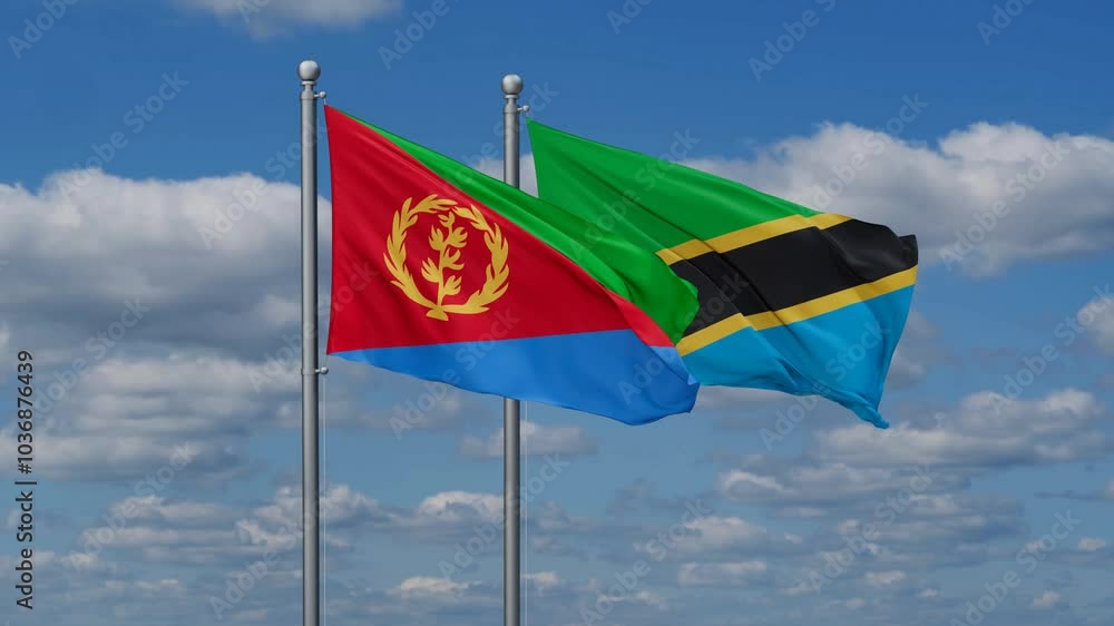 Tanzania and Eritrea flags flying together, video concept of the relationship, two country relations concept Tanzania and Eritrea flags flying together, video concept of the relationship, two country relations concept