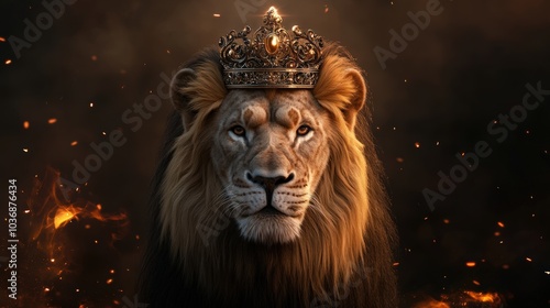 Majestic Lion Wearing a Golden Crown in a Dramatic Setting 