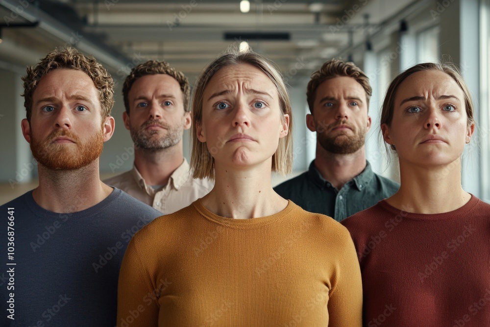 A portrait of a business team standing together, all looking in different directions with sad and worried expressions, their posture slouched, set against the backdrop of an empty office A portrait of a business team standing together, all looking in different directions with sad and worried expressions, their posture slouched, set against the backdrop of an empty office