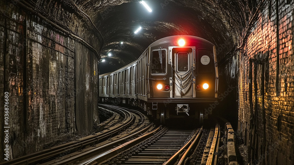 Naklejka premium A subway train moves through a dimly lit urban tunnel, surrounded by weathered brick walls and illuminated by the train's headlights, capturing the essence of city life and transportation