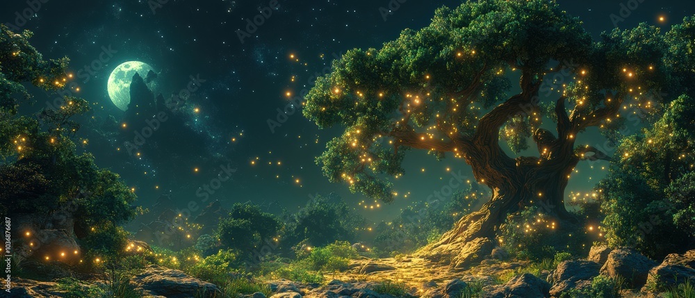 Twinkling Night Forest Scene with Majestic Tree Against Starry Sky Twinkling Night Forest Scene with Majestic Tree Against Starry Sky