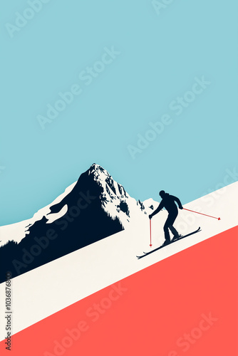 A man is skiing down a mountain with a blue sky in the background