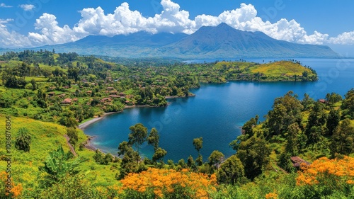 Scenic view of a lake surrounded by mountains.