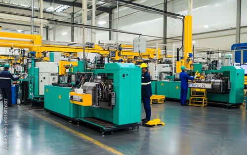 Industrial workers in a factory working on machinery.