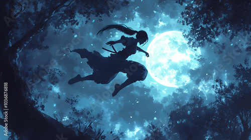 Ninja Girl Leaping Through Trees: Manga Art Under the Full Moon photo