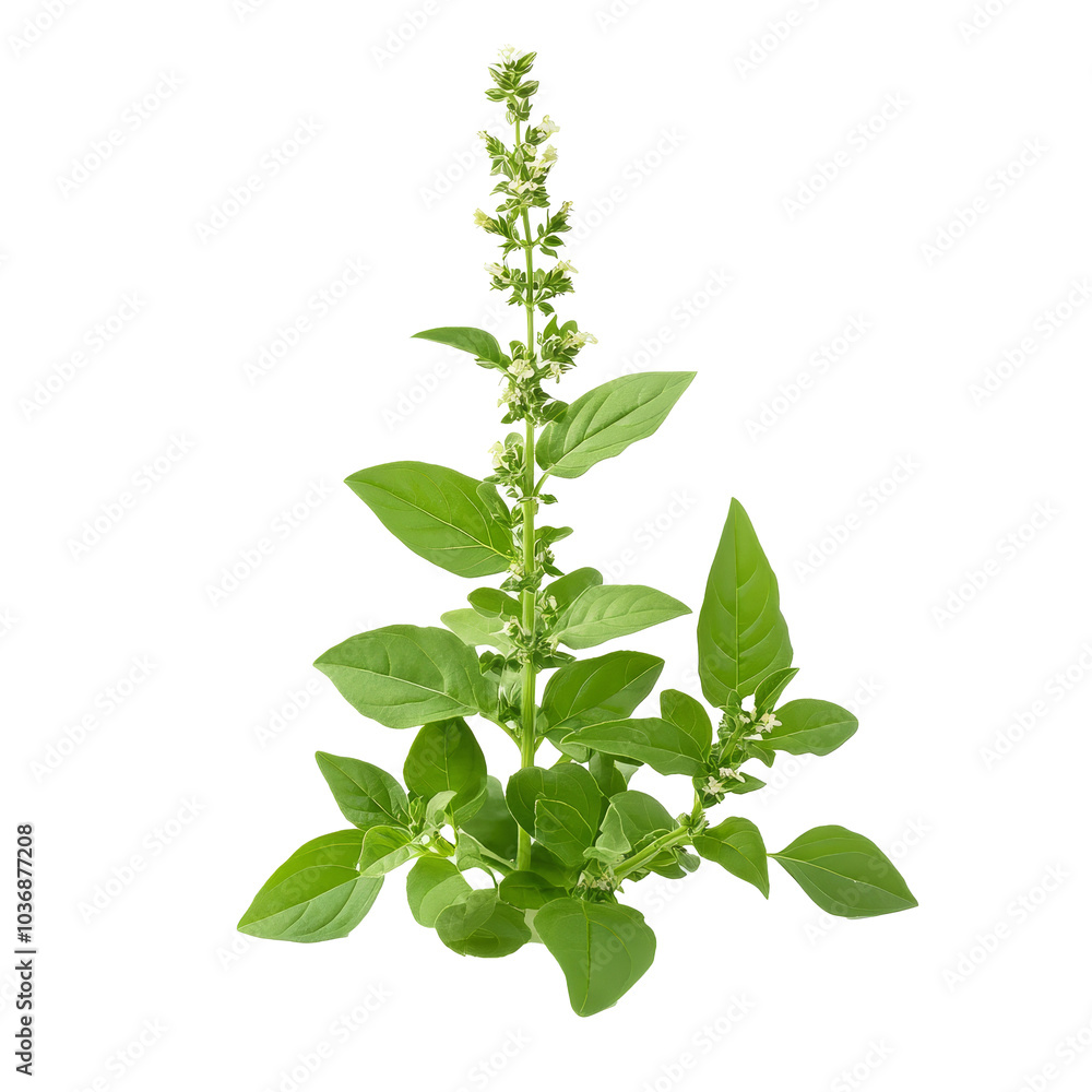 Holy Basil plant, Ocimum sanctum, showcasing vibrant leaves and delicate flowers on a clean transparent background, Holy Basil,Ocimum sanctum isolate on transparent background Holy Basil plant, Ocimum sanctum, showcasing vibrant leaves and delicate flowers on a clean transparent background, Holy Basil,Ocimum sanctum isolate on transparent background
