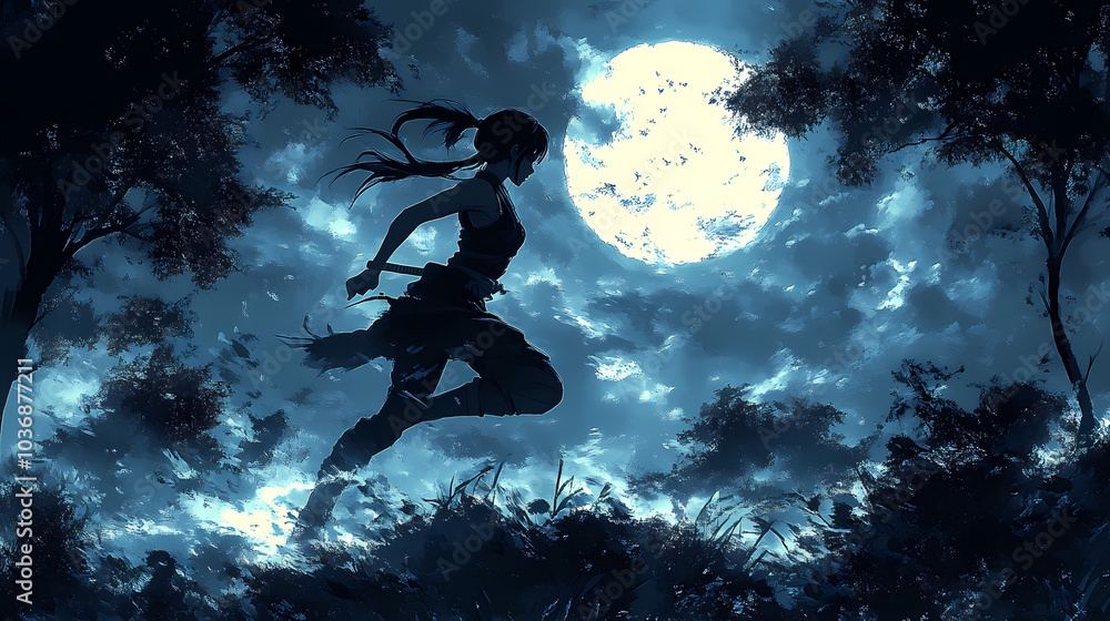 Ninja Girl Leaping Through Trees: Manga Art Under the Full Moon Ninja Girl Leaping Through Trees: Manga Art Under the Full Moon