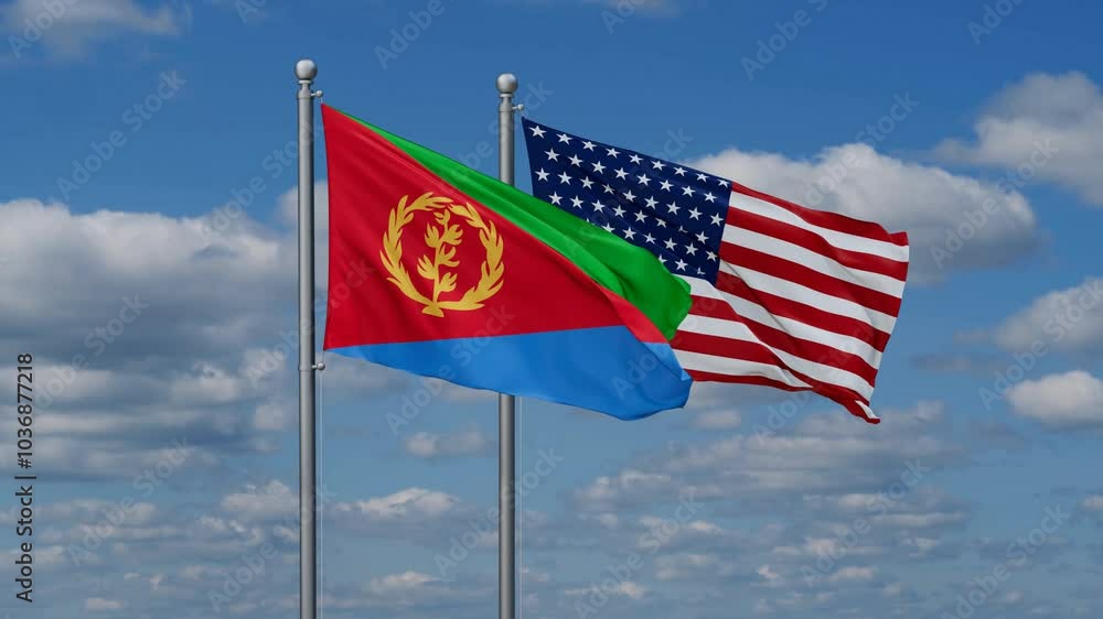 USA and Eritrea flags flying together, video concept of the relationship, two country cooperation concept