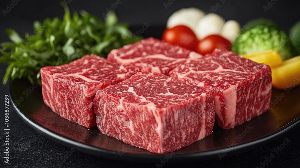 Juicy Raw Wagyu Beef Display on Plate Juicy Raw Wagyu Beef Display on Plate