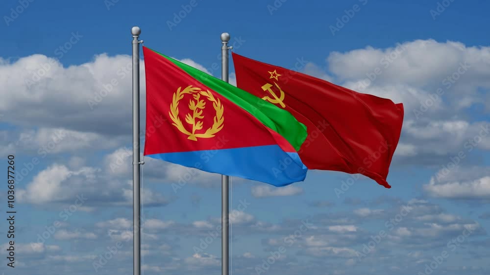 Soviet Union or USSR and Eritrea flags flying together, video concept of the relationship, two country cooperation concept Soviet Union or USSR and Eritrea flags flying together, video concept of the relationship, two country cooperation concept
