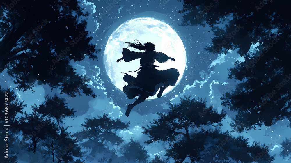 Ninja Girl Leaping Through Trees: Manga Art Under the Full Moon Ninja Girl Leaping Through Trees: Manga Art Under the Full Moon