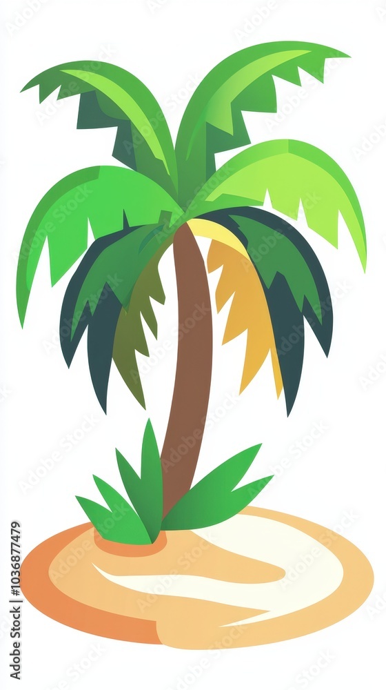 A vibrant palm tree swaying gently on a sunny tropical beach surrounded by sand and greenery A vibrant palm tree swaying gently on a sunny tropical beach surrounded by sand and greenery