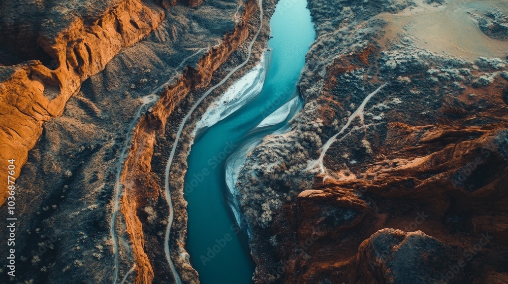 view of a winding canyon with a river flowing through it, showcasing the contrasting colors of the red rock and blue water. view of a winding canyon with a river flowing through it, showcasing the contrasting colors of the red rock and blue water.