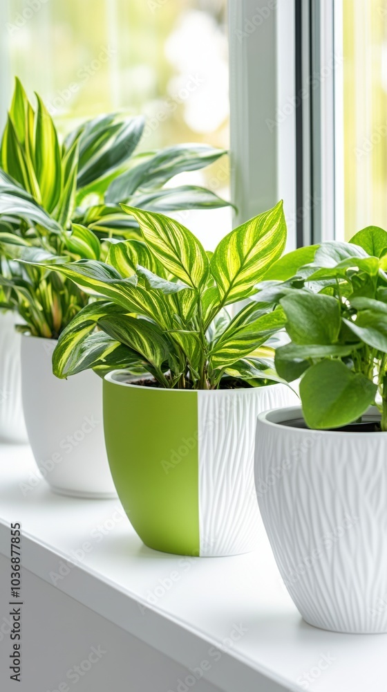 Fototapeta premium Vibrant houseplants in stylish pots line a sunlit windowsill, AI