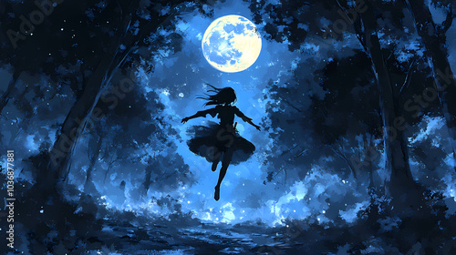 Ninja Girl Leaping Through Trees: Manga Art Under the Full Moon photo