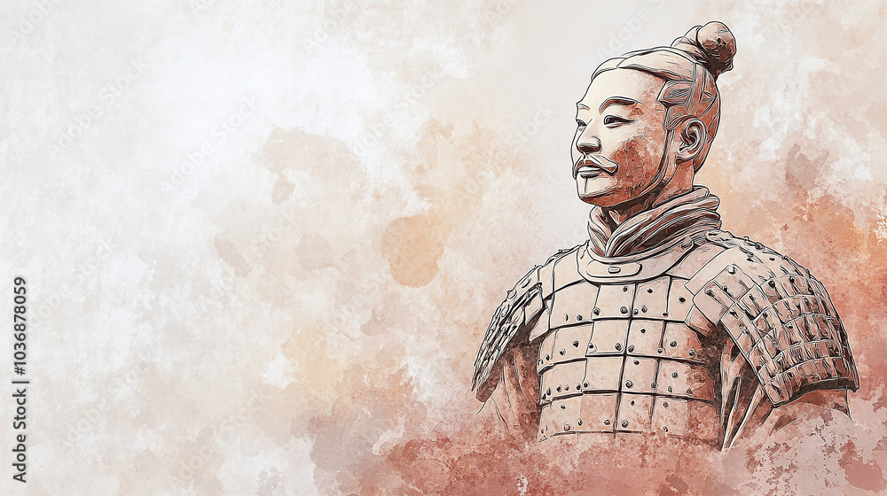 A detailed illustration of a Terracotta Army soldier statue against a plain, textured background. The image highlights the craftsmanship and historical significance of ancient Chinese culture A detailed illustration of a Terracotta Army soldier statue against a plain, textured background. The image highlights the craftsmanship and historical significance of ancient Chinese culture