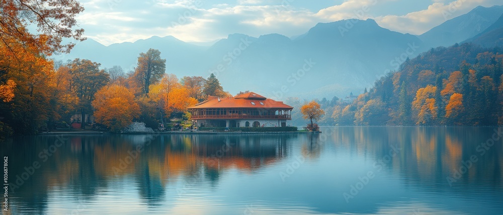 Obraz premium Serene Lake Scene with Traditional Wooden House