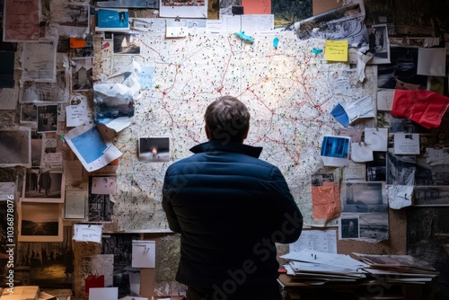 Man Analyzing Conspiracy Map on Wall in Mystery Investigation Room for Crime Thriller Concept photo