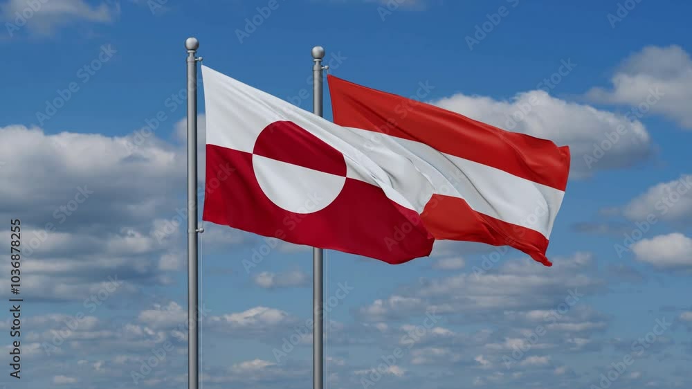 Austria and Greenland flags flying together, video concept of the relationship, two country relations concept Austria and Greenland flags flying together, video concept of the relationship, two country relations concept
