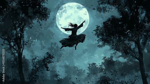 Ninja Girl Leaping Through Trees: Manga Art Under the Full Moon photo