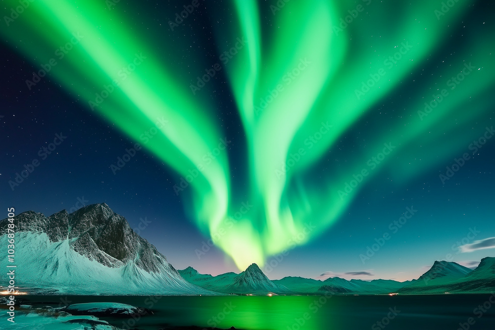 Naklejka premium The sky is lit up with green auroras, creating a beautiful and serene atmosphere