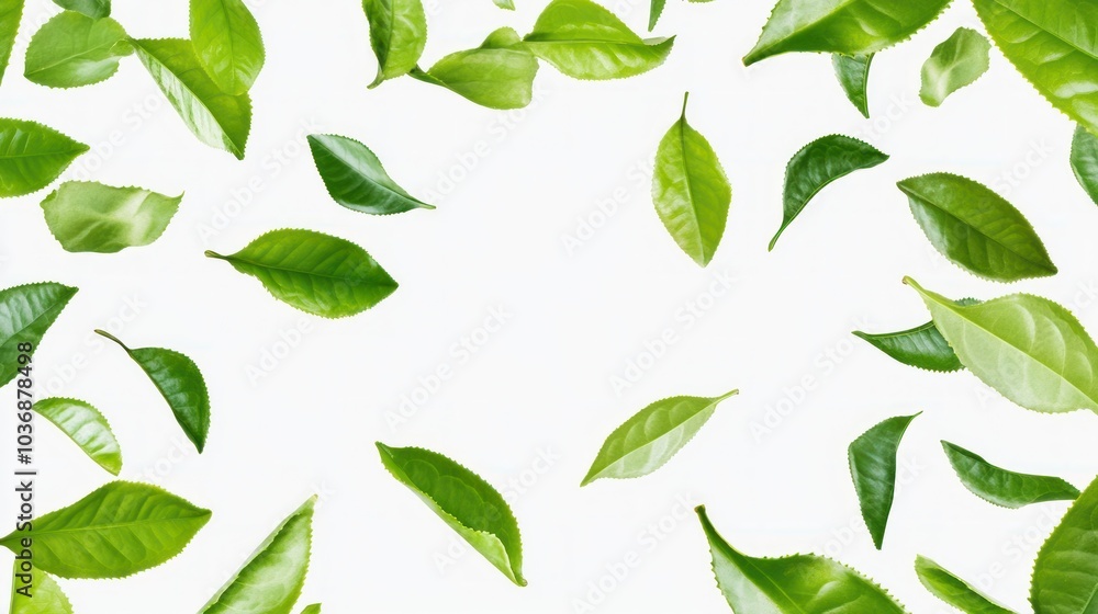 Green Tea Leaves Falling on White Background Green Tea Leaves Falling on White Background
