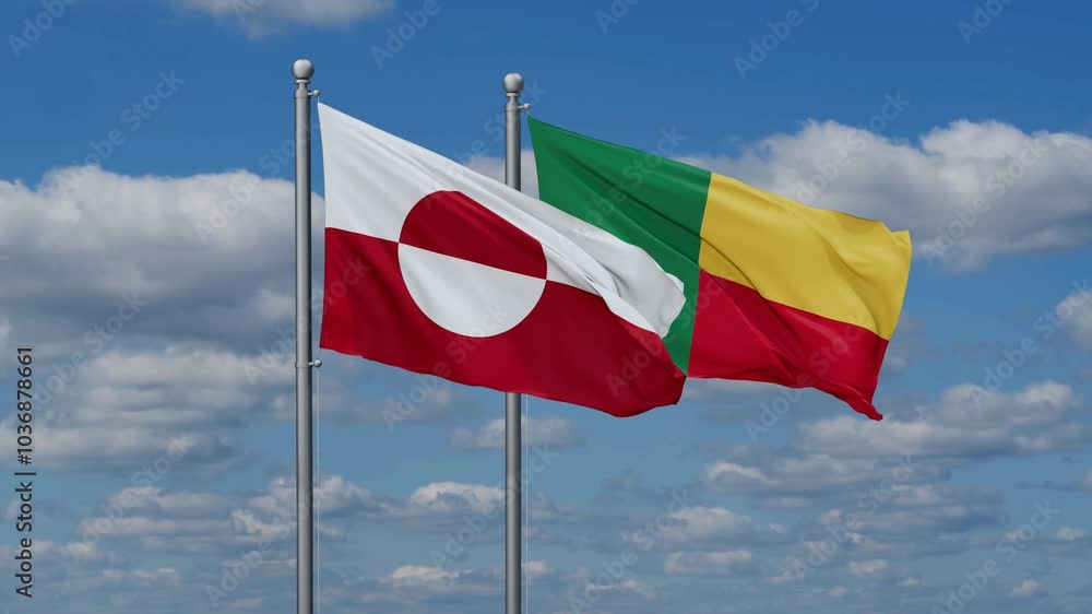 Greenland and Benin flags flying together, video concept of the relationship Greenland and Benin flags flying together, video concept of the relationship