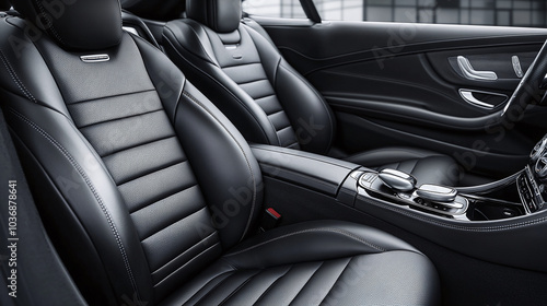 A premium car interior with black leather upholstery, offering sleek design, comfort, and luxury. The smooth lines and modern touches highlight automotive craftsmanship.