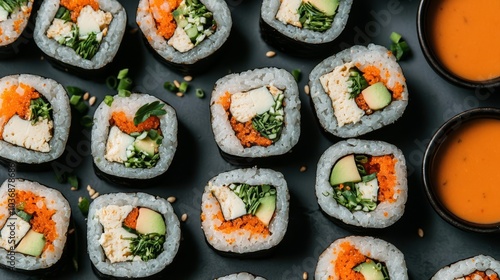 Colorful array of bitesized vegan sushi rolls with herb garnishes and dipping sauces, Vegan sushi, Herbinspired appetizers photo