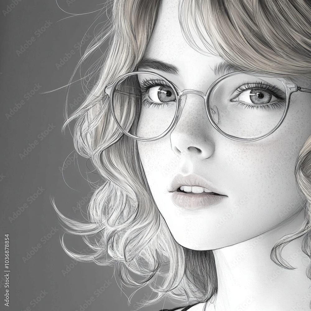 A thoughtful young woman with curly hair and glasses against a soft gray backdrop A thoughtful young woman with curly hair and glasses against a soft gray backdrop
