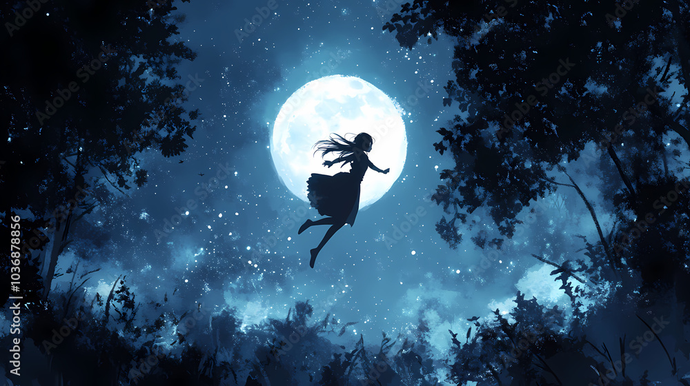 Fototapeta premium Moonlit Forest Adventure: Stealthy Ninja Girl in Anime Art